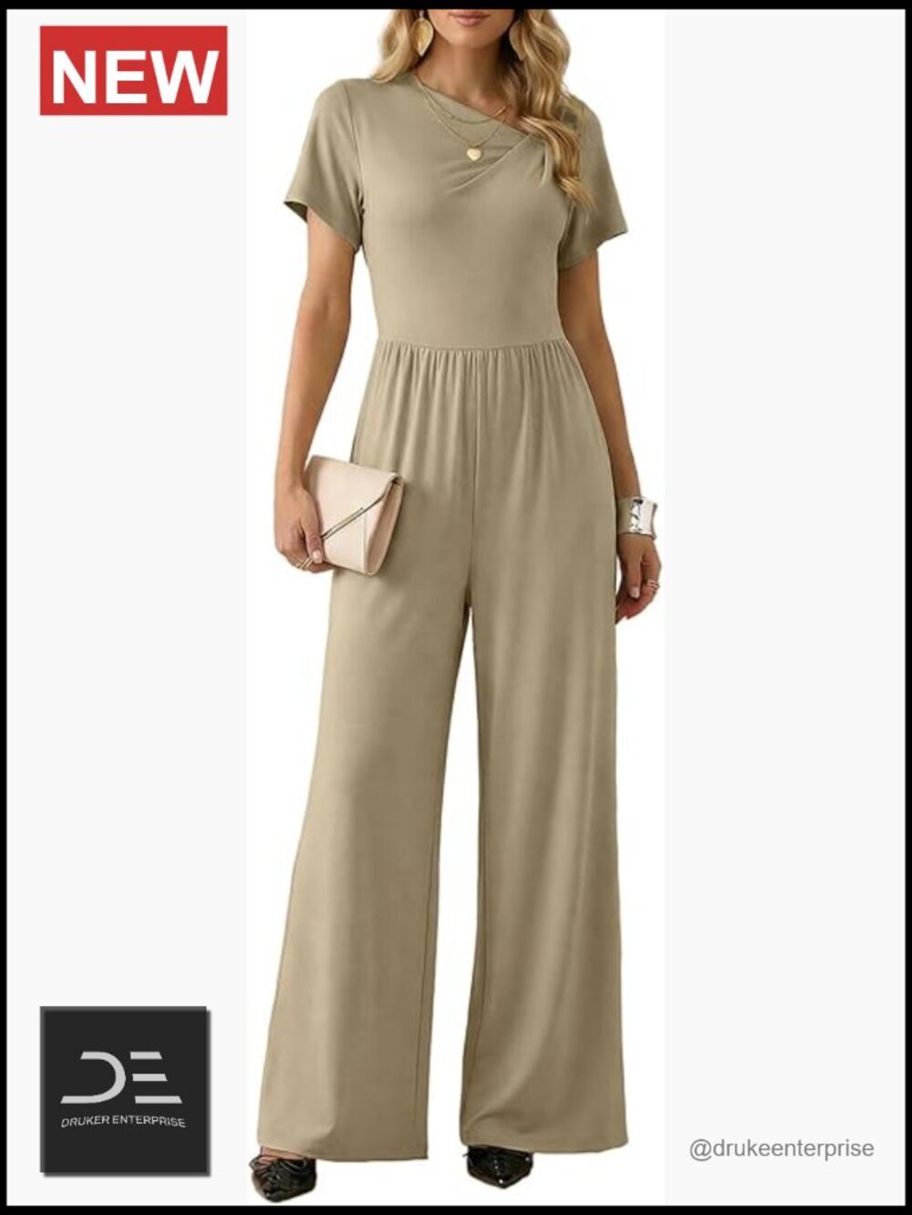 Dressy Casual Wide Leg Jumpsuit with Short Sleeves and Pockets